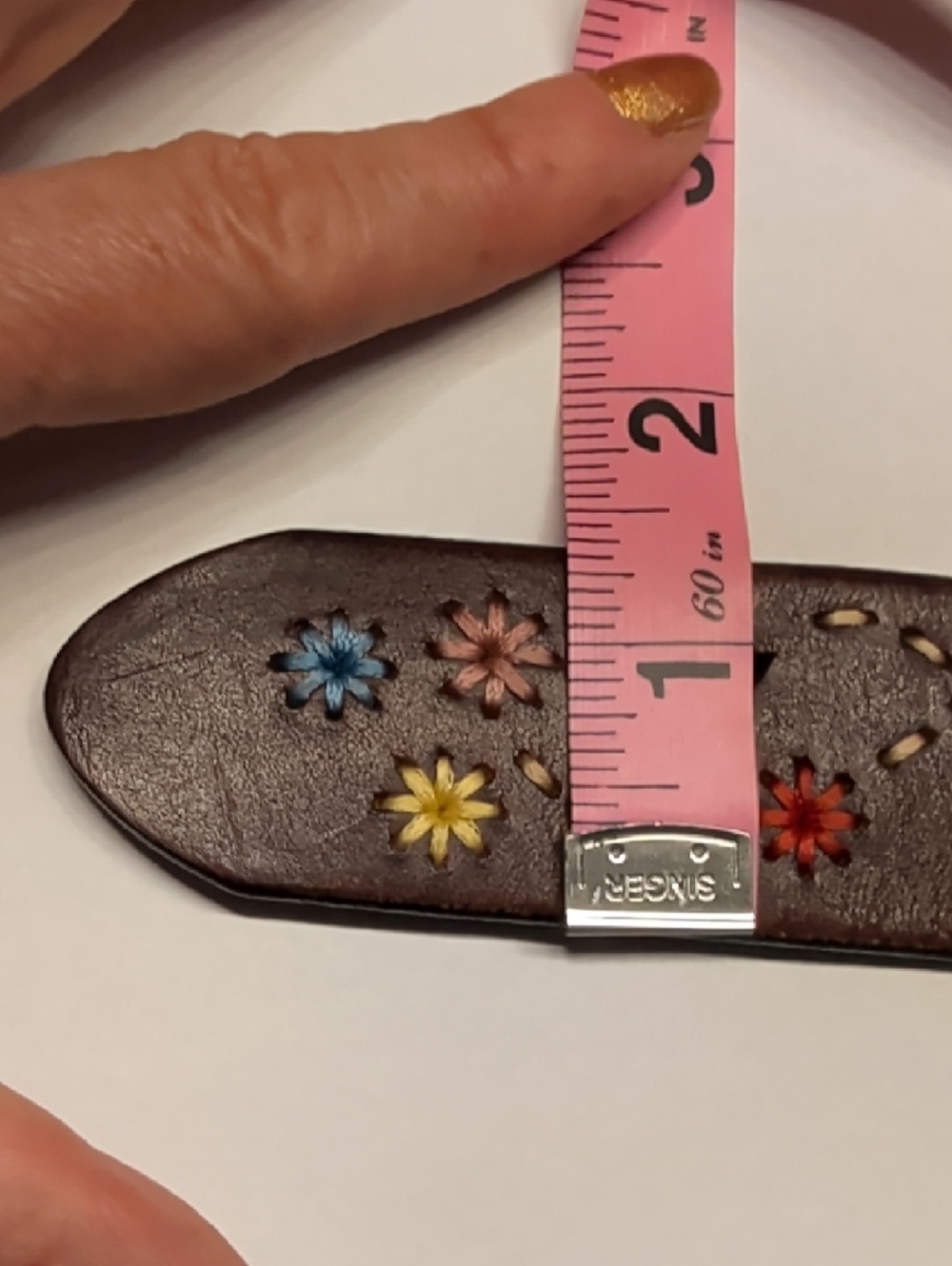 Brown Floral-Accent Leather Belt with Antiqued Brass Buckle - Picture 13 of 13